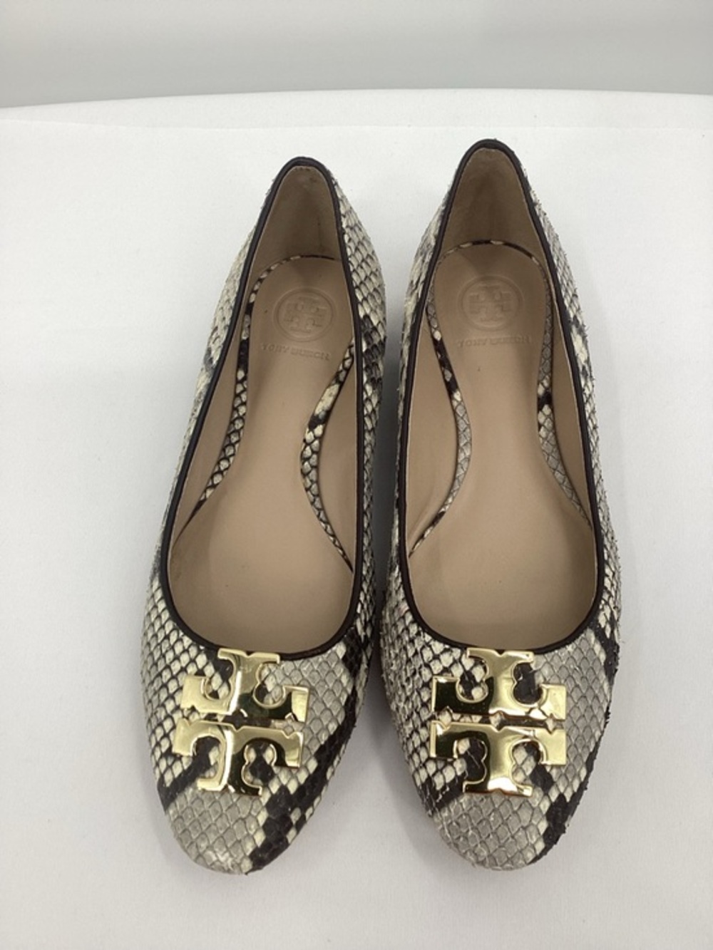 Tory Burch Georgia Snake-Print Ballet Flats with Gold Logo